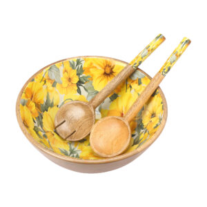 Artisanal Botanical Print Wooden Enamel Decorative Bowl