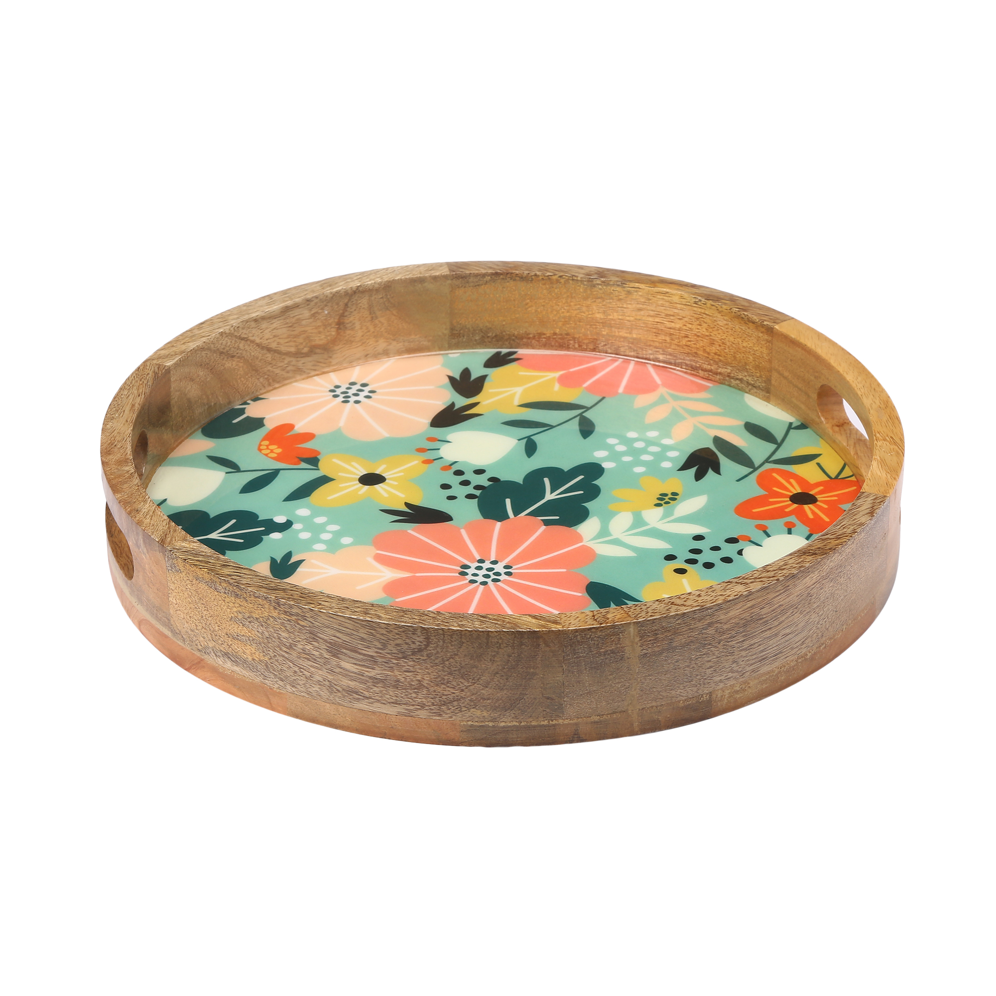 Teal Floral Art Wooden Enamel Decorative Tray - Image 2