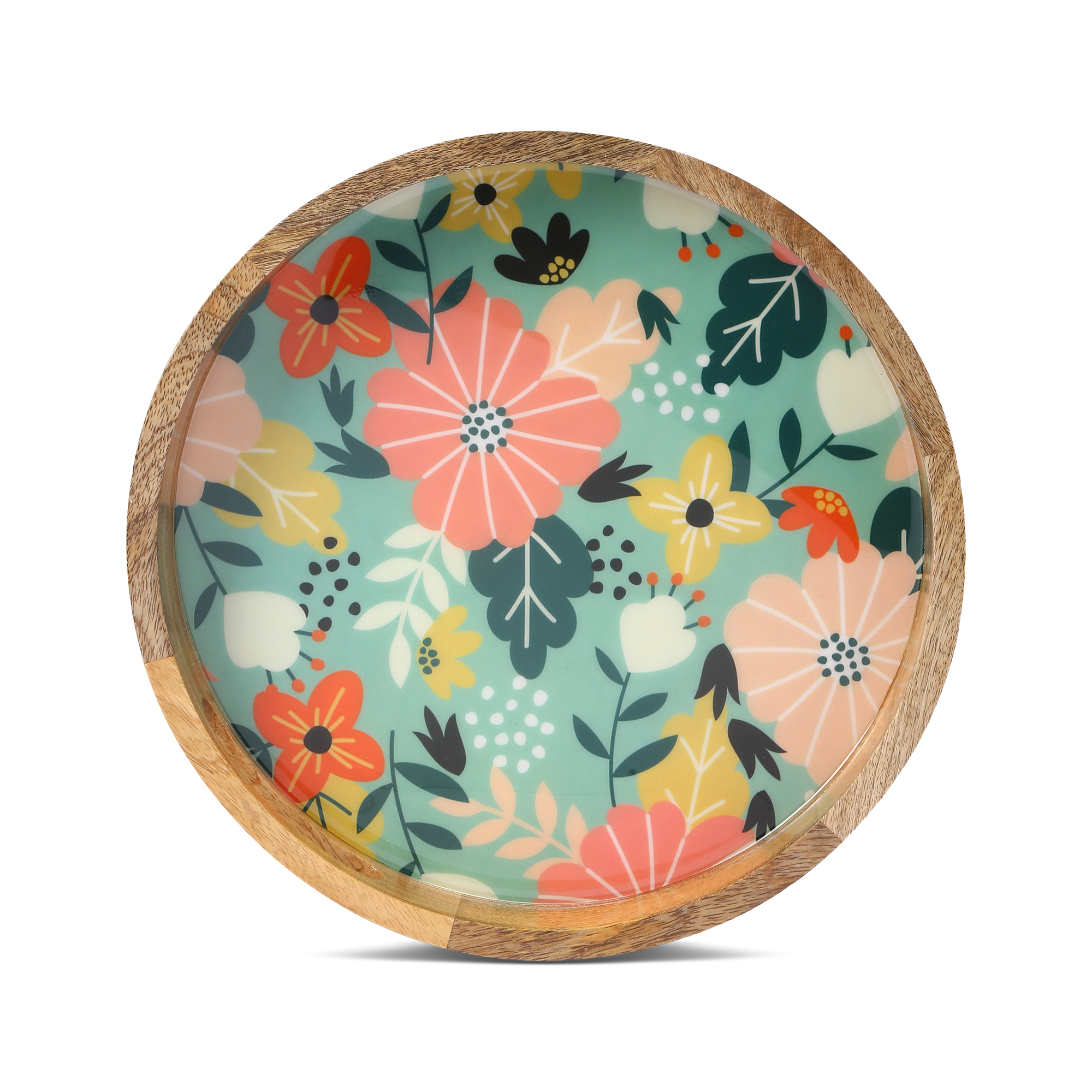 Teal Floral Art Wooden Enamel Decorative Tray - Image 4