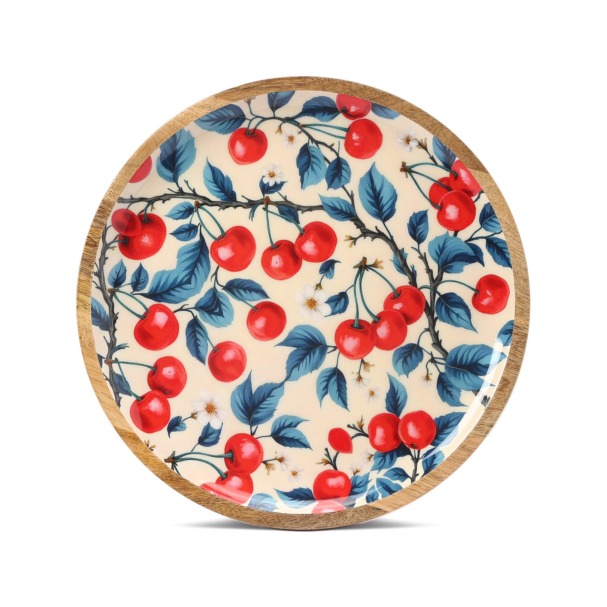Round Wooden Cherry Print Enamel Serving Tray