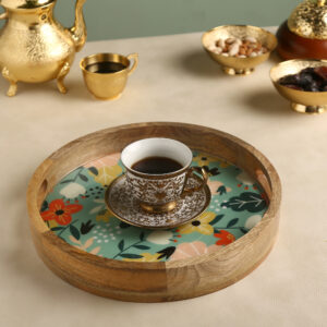 Teal Floral Art Wooden Enamel Decorative Tray