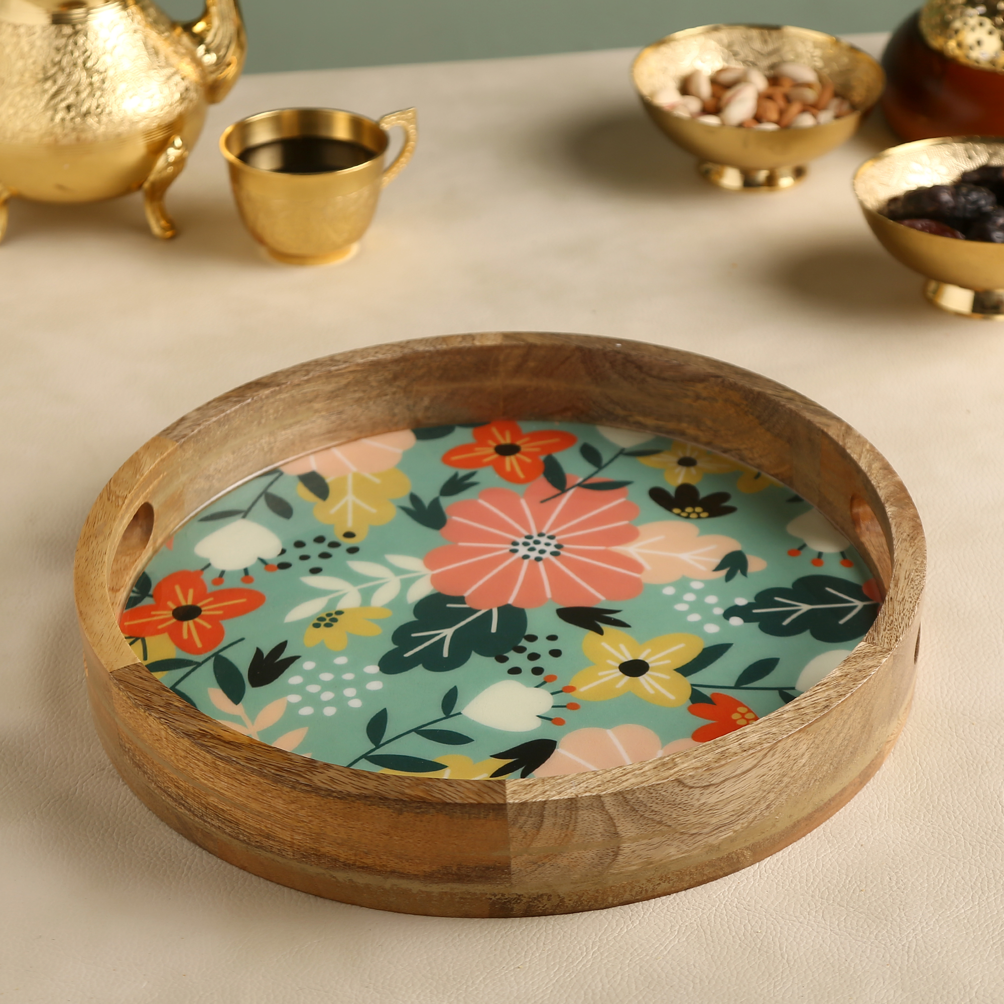 Teal Floral Art Wooden Enamel Decorative Tray - Image 5