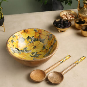 Artisanal Botanical Print Wooden Enamel Decorative Bowl