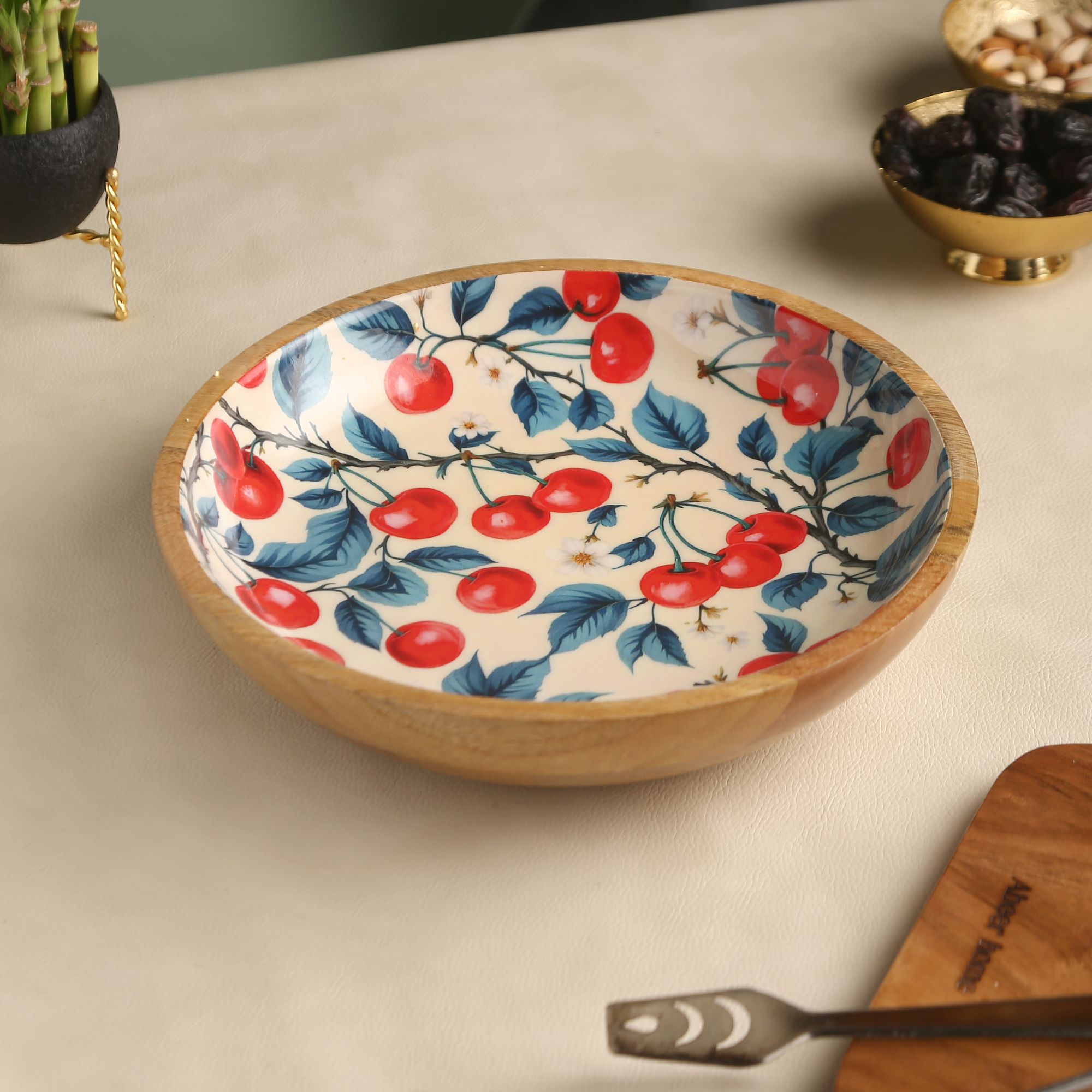 Handcrafted Cherry Orchard Wooden Enamel Serving Bowl