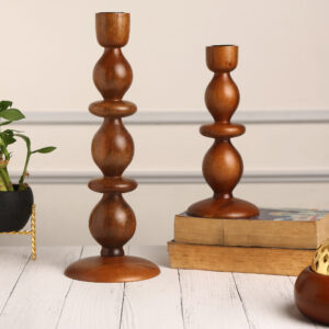 Polished Teak Finish Ball-Design Wooden Candle Holder Set
