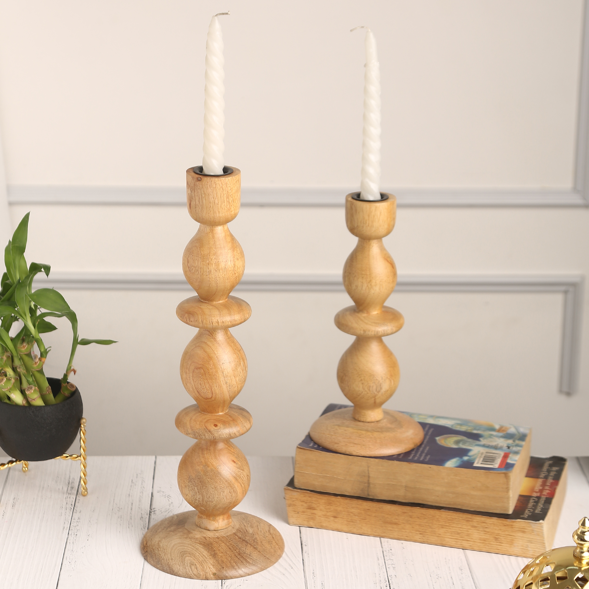 Handcrafted Natural Wood Sphere and Plate Pillar Candle