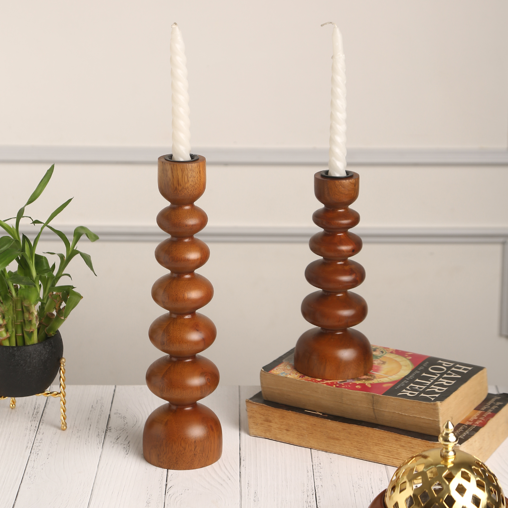 Dark Brown Stacked Beaded Wooden Candle Holder - Image 4