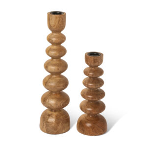 Natural Wood Beaded Rustic Candle Stand Set