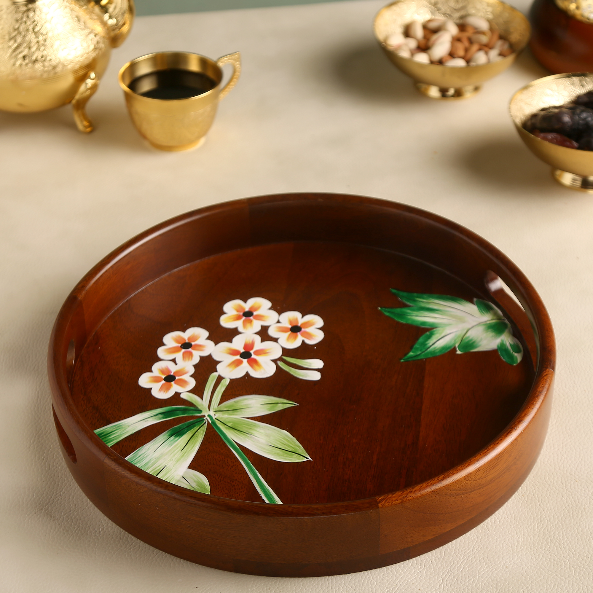 Hand-Painted Plumeria Round Serving Tray - Image 2